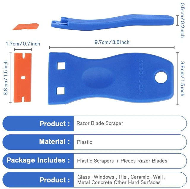Alt view image 2 of 7 - Plastic Razor Blade Scrapers, Scraper Tool with 20PCS Blades, Multi-funtional Cleaning Razor Scraper for Removing Stickers, Labels, Caulk, Adhesive, Paint Removal-Blue&Orange