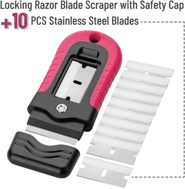 Alt view image 2 of 6 - Razor Blade Scraper, Pink, Locking Razor Scraper Set with 10 Extra Stainless Steel Blades, Window Scraper, Scraper Tool, Glass Scraper, Scraper Blades, Paint Scraper Blade Scraper for Cleaning