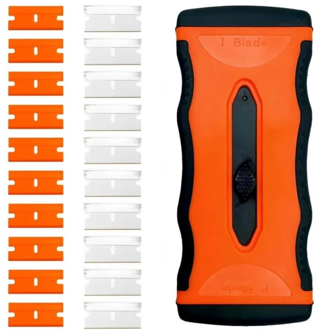 Main image of 2-in-1 Razor Scraper, 20 Blades, Retractable, Multi-Surface | 2-in-1 retractable razor scraper, 10 metal & 10 plastic blades. Safe for glass cooktops, tile, paint, and sticker removal