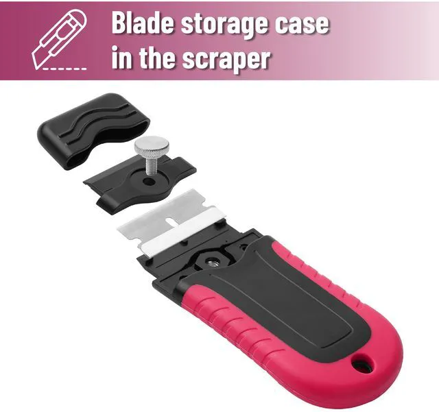 Alt view image 6 of 6 - Razor Blade Scraper, Pink, Locking Razor Scraper Set with 10 Extra Stainless Steel Blades, Window Scraper, Scraper Tool, Glass Scraper, Scraper Blades, Paint Scraper Blade Scraper for Cleaning