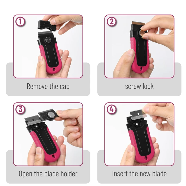Alt view image 4 of 6 - Razor Blade Scraper, Pink, Locking Razor Scraper Set with 10 Extra Stainless Steel Blades, Window Scraper, Scraper Tool, Glass Scraper, Scraper Blades, Paint Scraper Blade Scraper for Cleaning