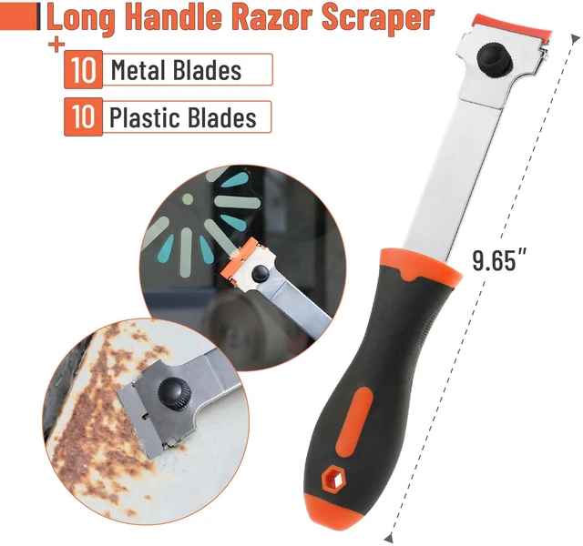 Alt view image 2 of 7 - Long Handle Razor Blade Scraper, Razor Scraper with Extra 10 Metal & 10 Plastic Blades, Razor Scraper, Window Scraper, Scraper Tool, Glass Scraper, Scraper Blades, Blade Scraper