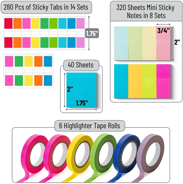 Alt view image 2 of 7 - Small Sticky Notes Set, Index Tabs, Highlighter Tape | Mini Self-Stick Sticky Pads for Bible Study, Office, School, Planning, Journaling & Organization