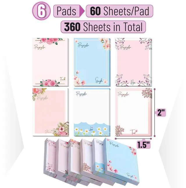 Alt view image 2 of 7 - Small Floral Sticky Notes, 1.5x2, 6 Pads, 360 Sheets | Mini Sticky Notes, Self-Stick Note Pads, Perfect for Office, School, Home, Study & Organization
