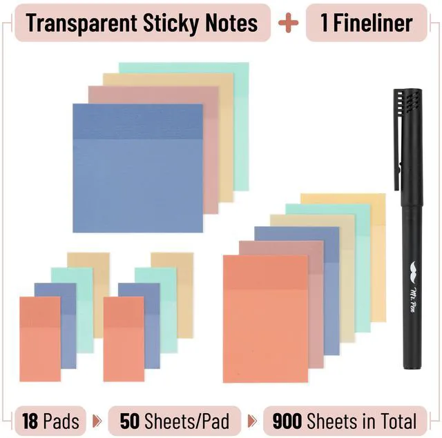 Alt view image 2 of 6 - Transparent Sticky Notes, 18 Pads, 900 Sheets with Pen | Assorted Sizes, See Through Self-Adhesive Notes for Bible Journaling and Studying, Water-Resistant, Clean Removal