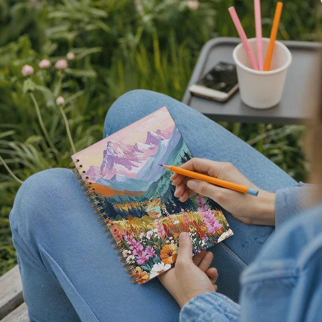 Alt view image 5 of 6 - Abstract Colorful Mountain Flower Spiral Notebook Journal for Women, Aesthetic Landscape Floral Plant Notebook for Writing School Office Home,Abstract Spiral Notepad, 5.5 x 8.3 Inches (H067)