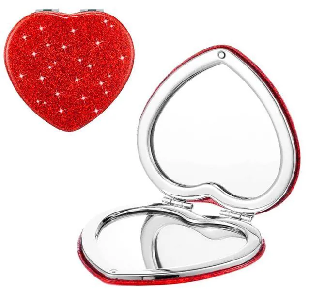 Main image of Red Heart Shaped Compact Mirror for Purse,1x/2x Magnification Cute Travel Mirror with Glitter,2.76 inch Double-Sided Mini Folding Mirror,Small Pocket Mirror for Gift,Travel Essentials