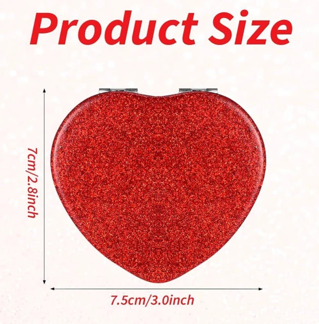 Alt view image 2 of 7 - Red Heart Shaped Compact Mirror for Purse,1x/2x Magnification Cute Travel Mirror with Glitter,2.76 inch Double-Sided Mini Folding Mirror,Small Pocket Mirror for Gift,Travel Essentials