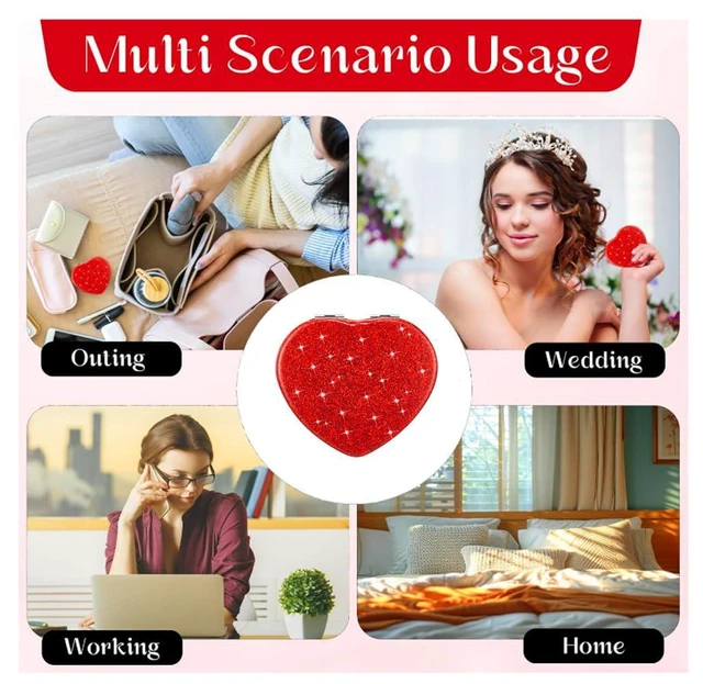 Alt view image 5 of 7 - Red Heart Shaped Compact Mirror for Purse,1x/2x Magnification Cute Travel Mirror with Glitter,2.76 inch Double-Sided Mini Folding Mirror,Small Pocket Mirror for Gift,Travel Essentials