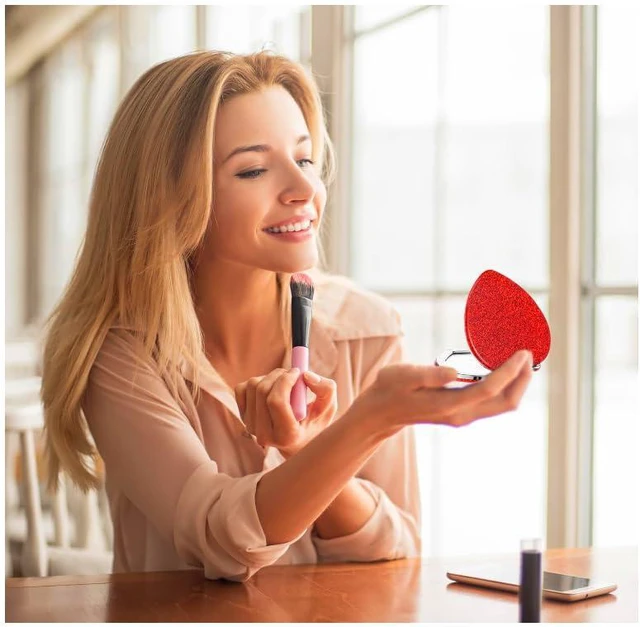 Alt view image 6 of 7 - Red Heart Shaped Compact Mirror for Purse,1x/2x Magnification Cute Travel Mirror with Glitter,2.76 inch Double-Sided Mini Folding Mirror,Small Pocket Mirror for Gift,Travel Essentials