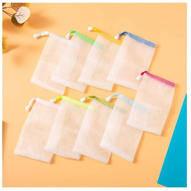 Main image of 10 PCS Exfoliating Mesh Soap Saver Pouch Bag Sack, Face Cleansing Foaming Nets, White Pouch with Drawstring (Color Random)