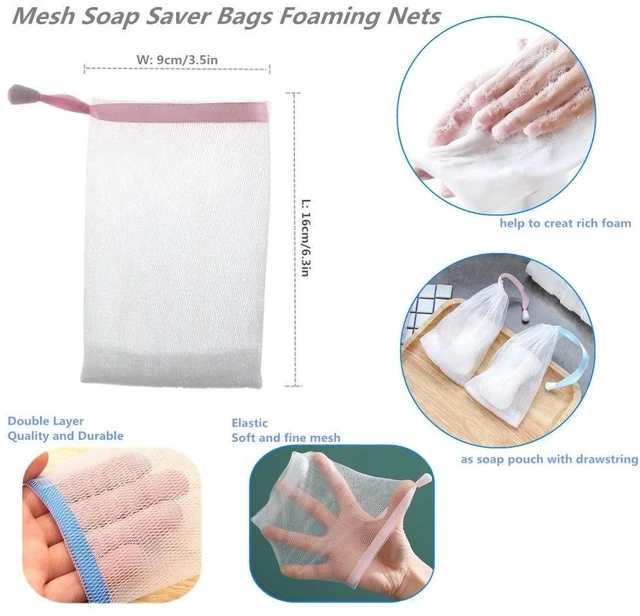 Alt view image 3 of 6 - 10 PCS Exfoliating Mesh Soap Saver Pouch Bag Sack, Face Cleansing Foaming Nets, White Pouch with Drawstring (Color Random)