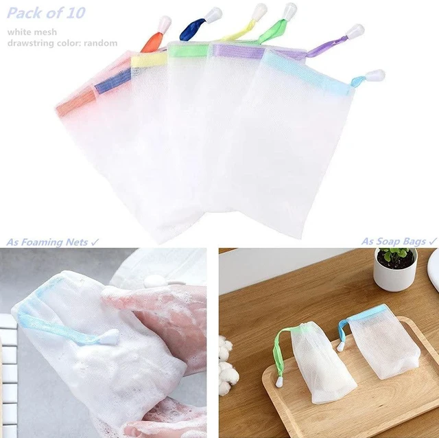 Alt view image 2 of 6 - 10 PCS Exfoliating Mesh Soap Saver Pouch Bag Sack, Face Cleansing Foaming Nets, White Pouch with Drawstring (Color Random)