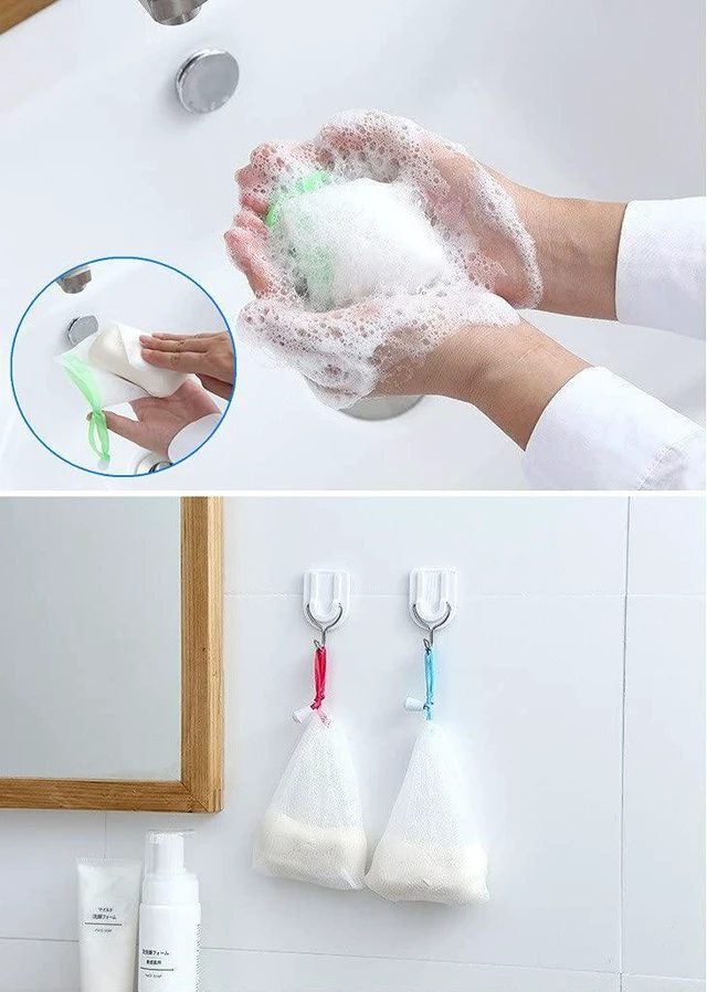 Alt view image 5 of 6 - 10 PCS Exfoliating Mesh Soap Saver Pouch Bag Sack, Face Cleansing Foaming Nets, White Pouch with Drawstring (Color Random)