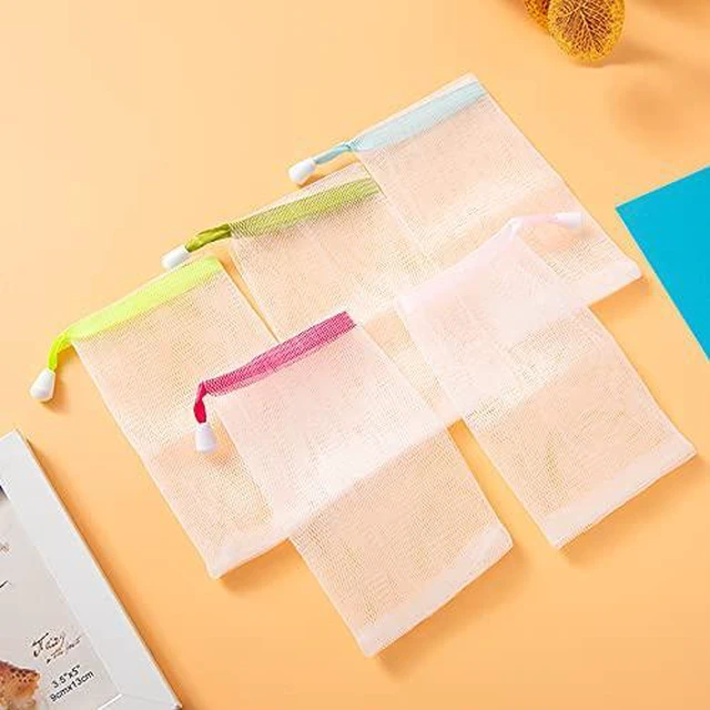 Alt view image 6 of 6 - 10 PCS Exfoliating Mesh Soap Saver Pouch Bag Sack, Face Cleansing Foaming Nets, White Pouch with Drawstring (Color Random)