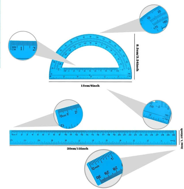 Alt view image 2 of 7 - 2 Packs 12 Inch Plastic Ruler and 6 Inch Plastic Protractor Set Clear Math Geometry Set Classroom Set Angle Detector School Supplies Classroom Ruler Home Office Drawings (Blue)