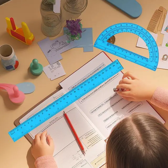 Alt view image 5 of 7 - 2 Packs 12 Inch Plastic Ruler and 6 Inch Plastic Protractor Set Clear Math Geometry Set Classroom Set Angle Detector School Supplies Classroom Ruler Home Office Drawings (Blue)