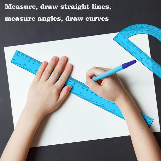 Alt view image 7 of 7 - 2 Packs 12 Inch Plastic Ruler and 6 Inch Plastic Protractor Set Clear Math Geometry Set Classroom Set Angle Detector School Supplies Classroom Ruler Home Office Drawings (Blue)