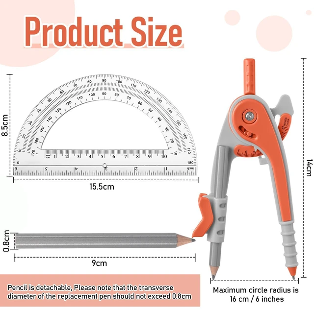 Alt view image 5 of 7 - Student Geometry Math Set, Drawing Compass and 6 in, Watermelon Red | Clear Swing Arm Protractors 180 Degree Math Protractor, student Math Tools for School, Back to School Supplies,