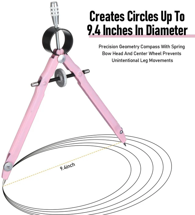 Alt view image 2 of 7 - Math Geometry Set Metal Compass 6" Clear Protractor, Pink | Metal Drawing Compass and Protractor 180 Degree, Drawing Tool for Circles, School Supplies, Clear Markings