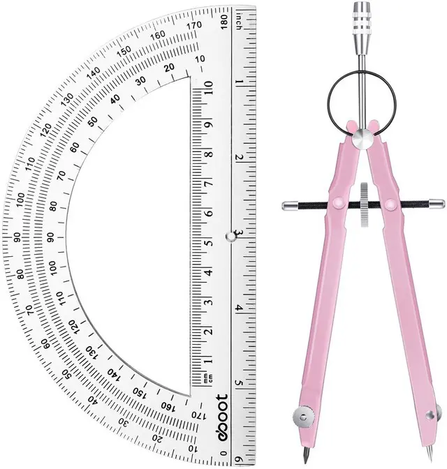 Main image of Math Geometry Set Metal Compass 6" Clear Protractor, Pink | Metal Drawing Compass and Protractor 180 Degree, Drawing Tool for Circles, School Supplies, Clear Markings