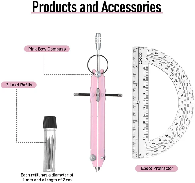 Alt view image 3 of 7 - Math Geometry Set Metal Compass 6" Clear Protractor, Pink | Metal Drawing Compass and Protractor 180 Degree, Drawing Tool for Circles, School Supplies, Clear Markings