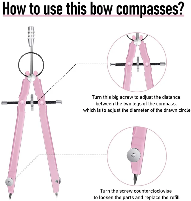 Alt view image 4 of 7 - Math Geometry Set Metal Compass 6" Clear Protractor, Pink | Metal Drawing Compass and Protractor 180 Degree, Drawing Tool for Circles, School Supplies, Clear Markings