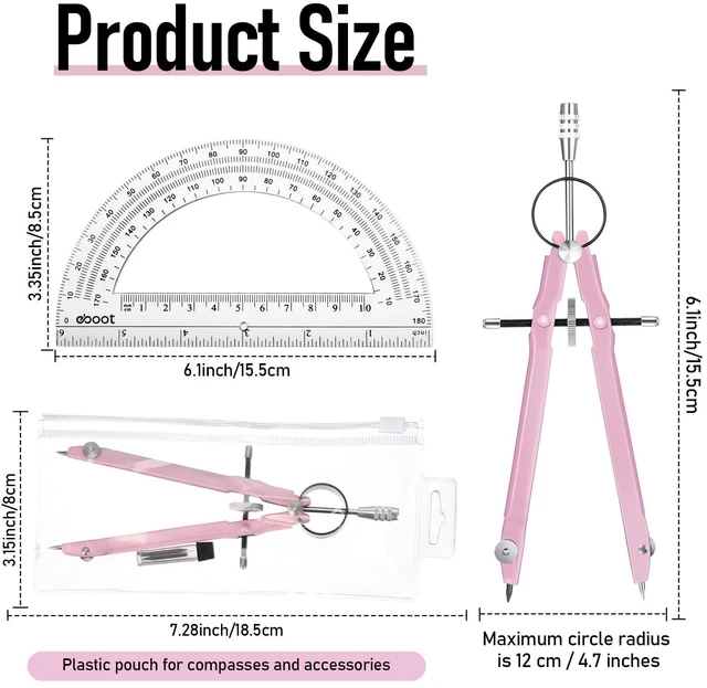 Alt view image 5 of 7 - Math Geometry Set Metal Compass 6" Clear Protractor, Pink | Metal Drawing Compass and Protractor 180 Degree, Drawing Tool for Circles, School Supplies, Clear Markings