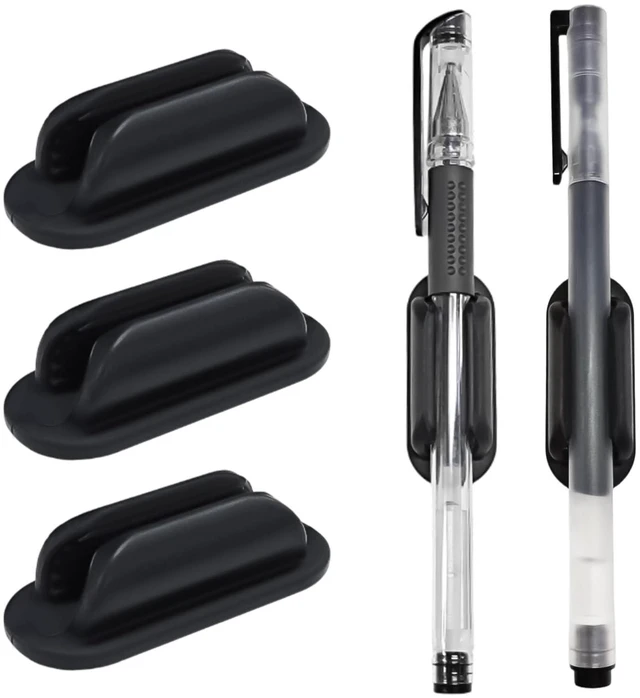 Main image of 3 Pack Adhesive Pen Holder, Silicone, Oval, Black | Silicone Pencil Holder for Desk & Wall, Flexible Marker Clip Organizer, For Classroom, Car, Clipboard, Office