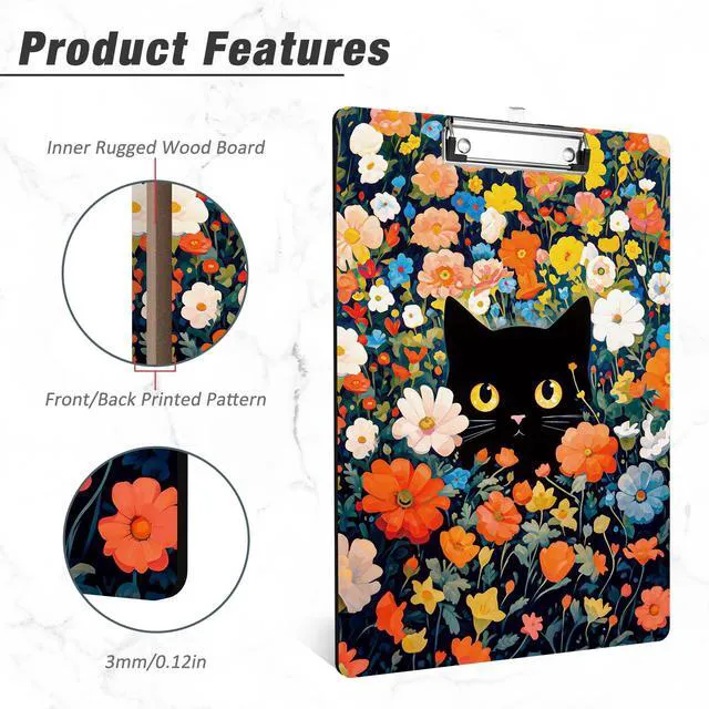 Alt view image 3 of 7 - Wood Clipboard, 8.5x11 Hardboard Clip Board, Flowers Cat | Fun Design, Cute Custom Pattern, 9 x 12.5 in Letter Size for Classroom, Teachers, Kid, Woman, School & Office Supply