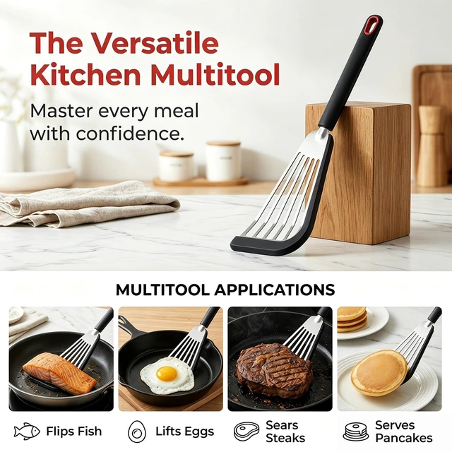 Alt view image 3 of 7 - Fish Spatula, Egg Flipper for Nonstick Cookware | Flexible Thin Silicone Bladed Kitchen Turner for Eggs, Omelets, Pancakes, Dishwasher Safe & Heat Resistant Up to 446°F