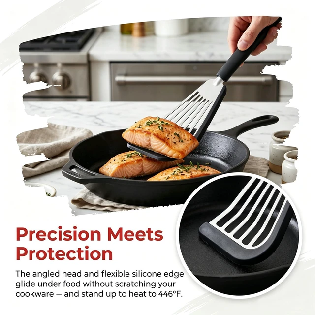 Alt view image 5 of 7 - Fish Spatula, Egg Flipper for Nonstick Cookware | Flexible Thin Silicone Bladed Kitchen Turner for Eggs, Omelets, Pancakes, Dishwasher Safe & Heat Resistant Up to 446°F
