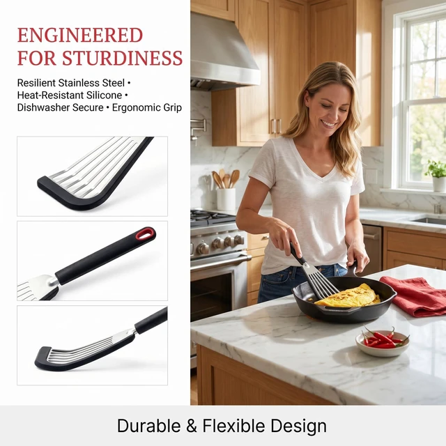 Alt view image 7 of 7 - Fish Spatula, Egg Flipper for Nonstick Cookware | Flexible Thin Silicone Bladed Kitchen Turner for Eggs, Omelets, Pancakes, Dishwasher Safe & Heat Resistant Up to 446°F