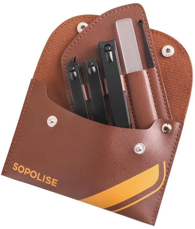 Main image of Manicure Set, 5 Piece Nail Care Kit with Carbon Steel Tools (Cuticle Nipper, Small & Large Nail Clippers, Ear Pick, Glass File), Portable Grooming Pouch, Manicure Set Nail Clippers(Brown)