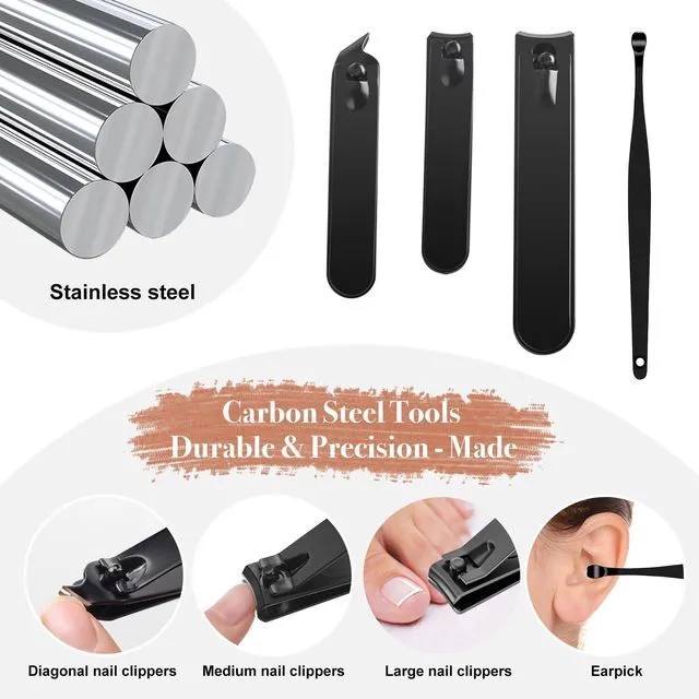 Alt view image 2 of 7 - Manicure Set, 5 Piece Nail Care Kit with Carbon Steel Tools (Cuticle Nipper, Small & Large Nail Clippers, Ear Pick, Glass File), Portable Grooming Pouch, Manicure Set Nail Clippers(Brown)