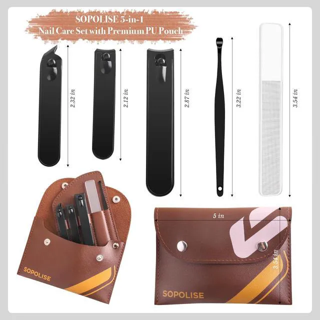 Alt view image 6 of 7 - Manicure Set, 5 Piece Nail Care Kit with Carbon Steel Tools (Cuticle Nipper, Small & Large Nail Clippers, Ear Pick, Glass File), Portable Grooming Pouch, Manicure Set Nail Clippers(Brown)