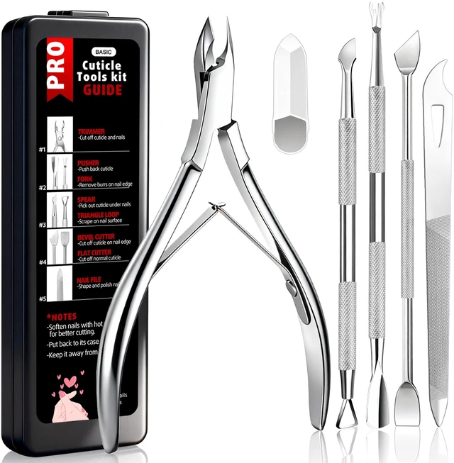 Main image of 5 Pack Cuticle Trimmer Set with Pusher Cutter Clipper Remover Tool | Professional, Home Pedicure, Stainless Steel, Rustproof, Comfortable Handle, Durable for Years, Storage Case & Manual