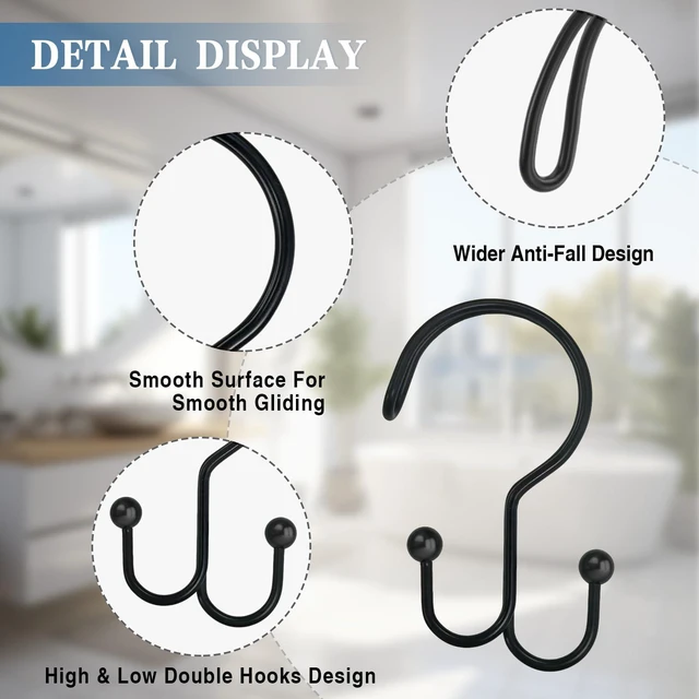 Alt view image 4 of 7 - Shower Curtain Hooks, OEH Shower Curtain Rings, Black Shower Curtain Hooks Rust Proof, Decorative Double Shower Hooks for Shower Curtain, Anti-Drop Shower Rings for Curtain & Liners, Black, 12Pack