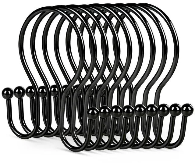 Main image of 12PCS Shower Curtain Hooks, Sturdy Metal Black Shower Curtain Rings | Glide Roller Double Shower Hooks, Rust Proof Anti-Drop Curtain Hooks, Smooth Sliding Rings for Bathroom Shower Rods Curtains