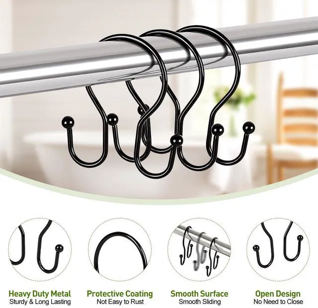 Alt view image 6 of 7 - 12PCS Shower Curtain Hooks, Sturdy Metal Black Shower Curtain Rings | Glide Roller Double Shower Hooks, Rust Proof Anti-Drop Curtain Hooks, Smooth Sliding Rings for Bathroom Shower Rods Curtains