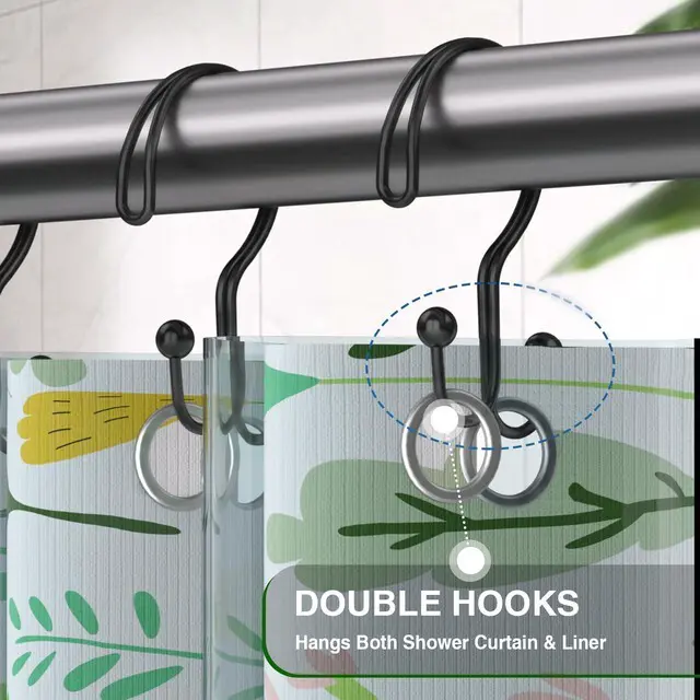 Alt view image 5 of 7 - Shower Curtain Hooks, OEH Shower Curtain Rings, Black Shower Curtain Hooks Rust Proof, Decorative Double Shower Hooks for Shower Curtain, Anti-Drop Shower Rings for Curtain & Liners, Black, 12Pack