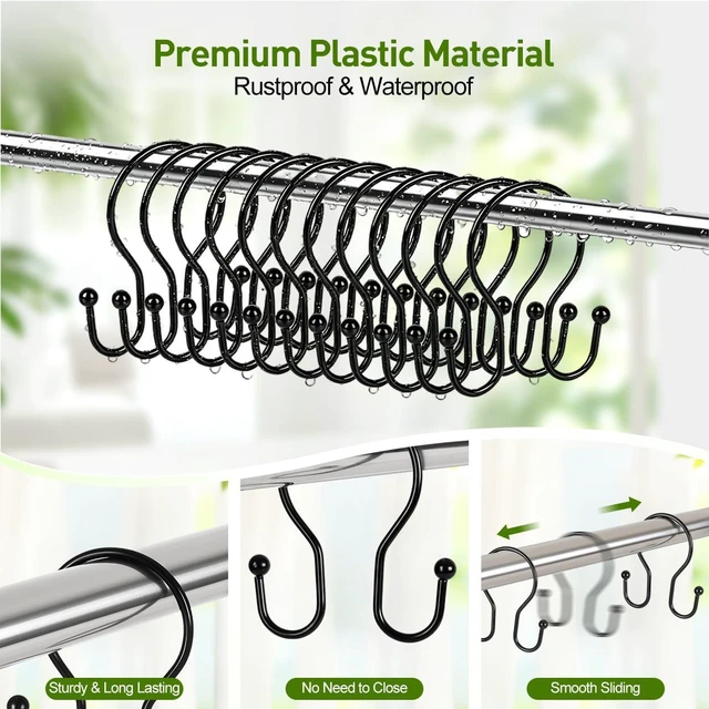 Alt view image 5 of 7 - 12PCS Shower Curtain Hooks, Sturdy Metal Black Shower Curtain Rings | Glide Roller Double Shower Hooks, Rust Proof Anti-Drop Curtain Hooks, Smooth Sliding Rings for Bathroom Shower Rods Curtains