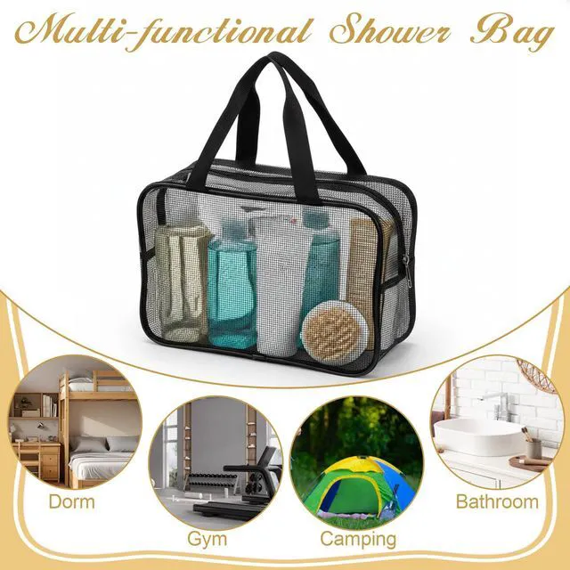 Alt view image 5 of 7 - Mesh Shower Caddy Bag, Portable Toiletry Organizer with Zipper, Large Capacity Quick Dry Tote for Bathroom Gym Travel Camping Swimming