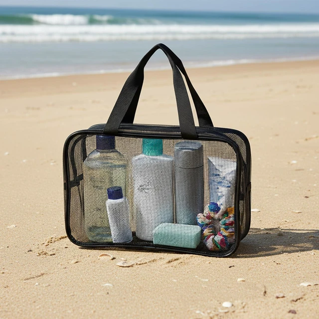Alt view image 6 of 7 - Mesh Shower Caddy Bag, Portable Toiletry Organizer with Zipper, Large Capacity Quick Dry Tote for Bathroom Gym Travel Camping Swimming