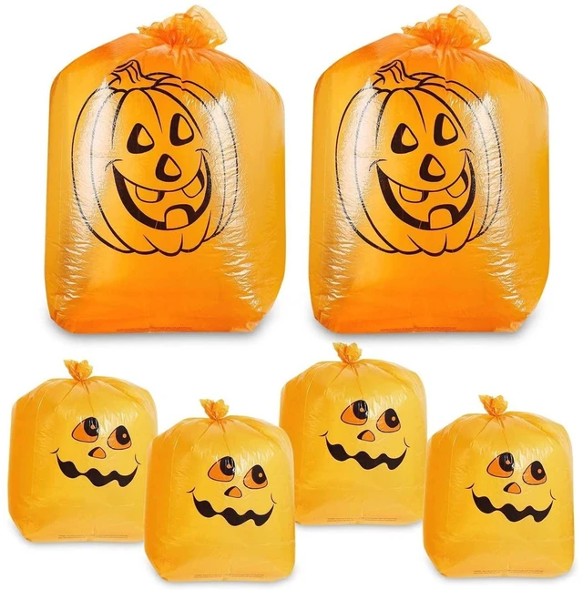 Main image of Trash Bags - 6-Pack Orange, 8-Gal (24 x 30 In) & 34-Gal (36 x 48 In) - Pumpkin-Printed Decorative Leaf & Yard Waste Collection - Garden Trash Bags