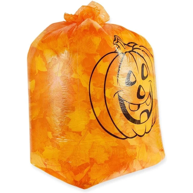Alt view image 4 of 7 - Trash Bags - 6-Pack Orange, 8-Gal (24 x 30 In) & 34-Gal (36 x 48 In) - Pumpkin-Printed Decorative Leaf & Yard Waste Collection - Garden Trash Bags