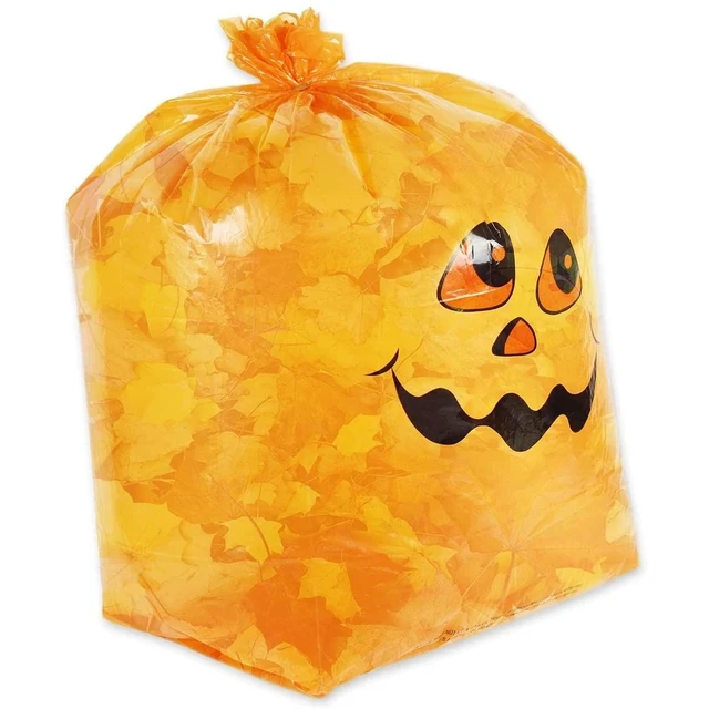 Alt view image 5 of 7 - Trash Bags - 6-Pack Orange, 8-Gal (24 x 30 In) & 34-Gal (36 x 48 In) - Pumpkin-Printed Decorative Leaf & Yard Waste Collection - Garden Trash Bags