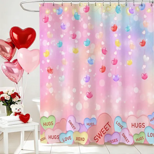 Main image of Valentines Shower Curtain Cute Love Pink Hearts Valentine Sweetheart Bathroom Decor Curtain with 12 Hooks Romantic Holiday Shower Curtain Set, 72" x 72"