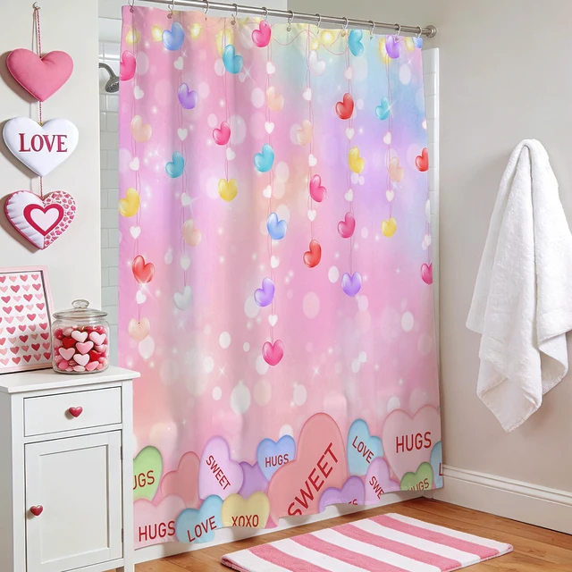 Alt view image 2 of 7 - Valentines Shower Curtain Cute Love Pink Hearts Valentine Sweetheart Bathroom Decor Curtain with 12 Hooks Romantic Holiday Shower Curtain Set, 72" x 72"