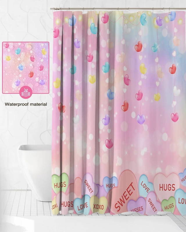 Alt view image 4 of 7 - Valentines Shower Curtain Cute Love Pink Hearts Valentine Sweetheart Bathroom Decor Curtain with 12 Hooks Romantic Holiday Shower Curtain Set, 72" x 72"